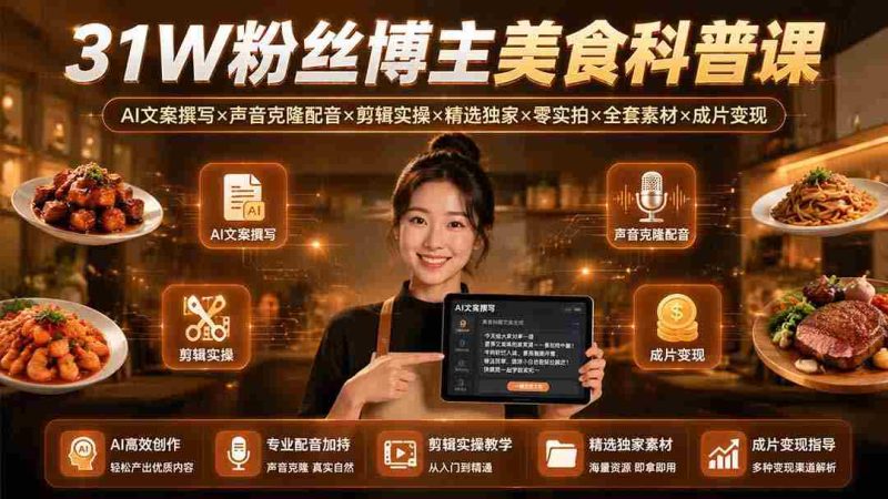 (19558期)31W粉丝博主美食科普课:AI文案撰写×声音克隆配音×剪辑实操×精选独家×零实拍×全套素材×成片变现-湘创网