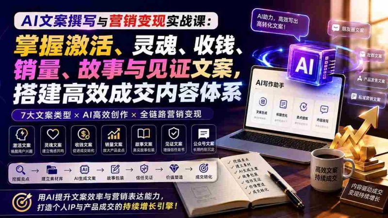 (20126期)AI文案撰写与营销变现实战课:掌握激活、灵魂、收钱、销量、故事与见证文案,搭建高效成交内容体系-湘创网