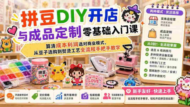 (19845期)拼豆DIY开店与成品定制零基础入门课;算清成本利润选对商业模式,从豆子选购到熨烫工艺全流程手把手教学-湘创网