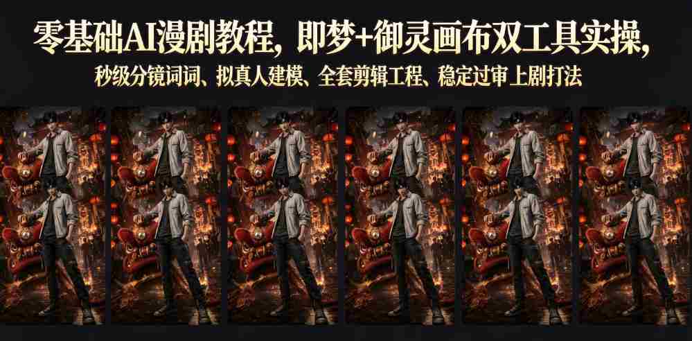 零基础AI漫剧教程,即梦+御灵画布双工具实操,秒级分镜提示词、拟真人建模、全套剪辑工程、稳定过审上剧打法