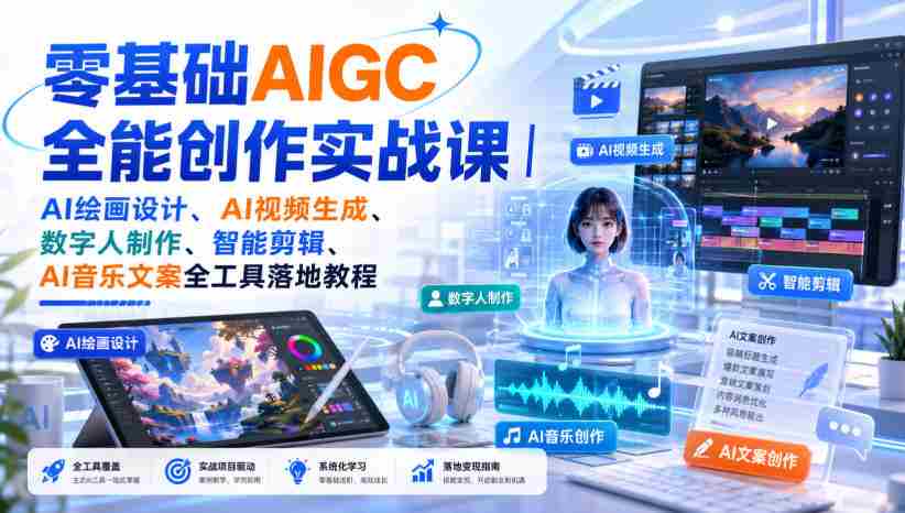 零基础AIGC全能创作实战课｜AI绘画设计、AI视频生成、数字人制作、智能剪辑、AI音乐文案全工具落地教程-湘创网