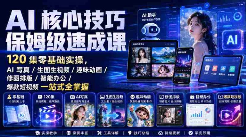 AI核心技巧保姆级速成课|120集零基础实操,AI写真/生图生视频/趣味动画/修图排版/智能办公/爆款短视频一站式全掌握-湘创网