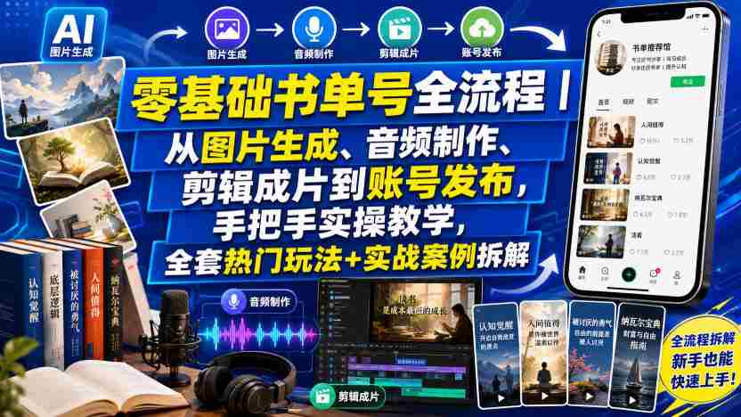 零基础书单号全流程｜从图片生成、音频制作、剪辑成片到账号发布，手把手实操教学，全套热门玩法+实战案例拆解-湘创网
