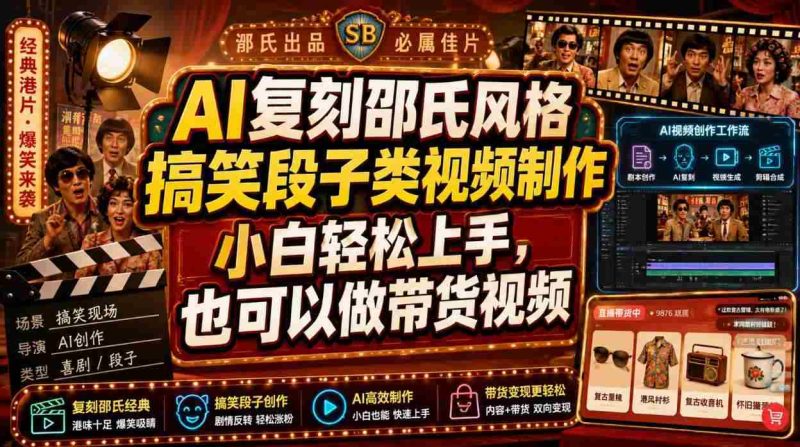 AI复刻邵氏风格搞笑段子类视频制作，小白轻松上手，也可以做带货视频-湘创网