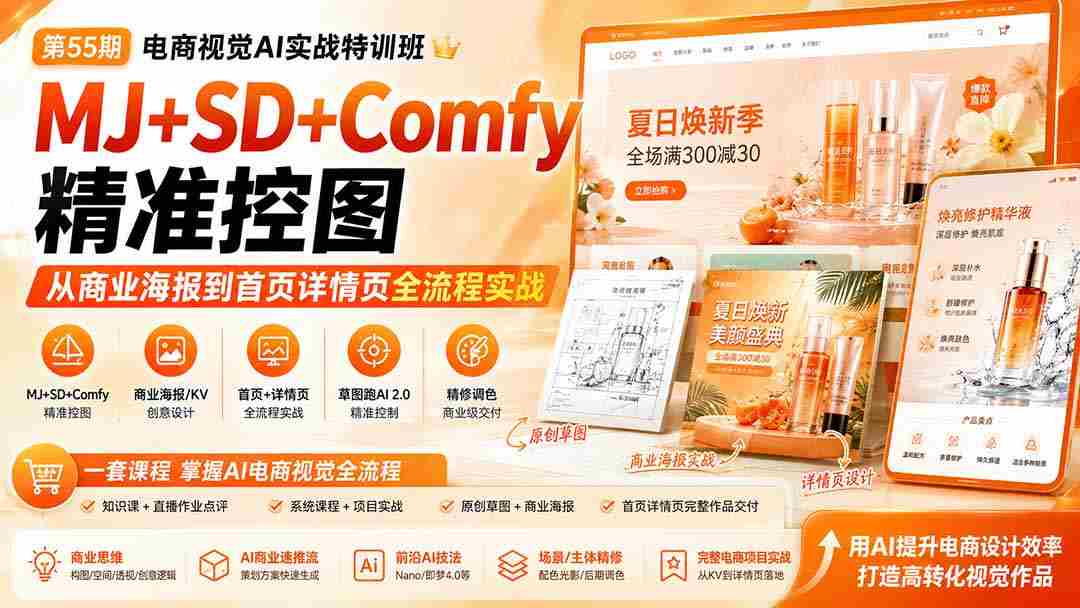 （20027期）电商视觉 AI实战训练营第55期：MJ+SD+Comfy精准控图，从商业海报到首页详情页全流程实战-湘创网