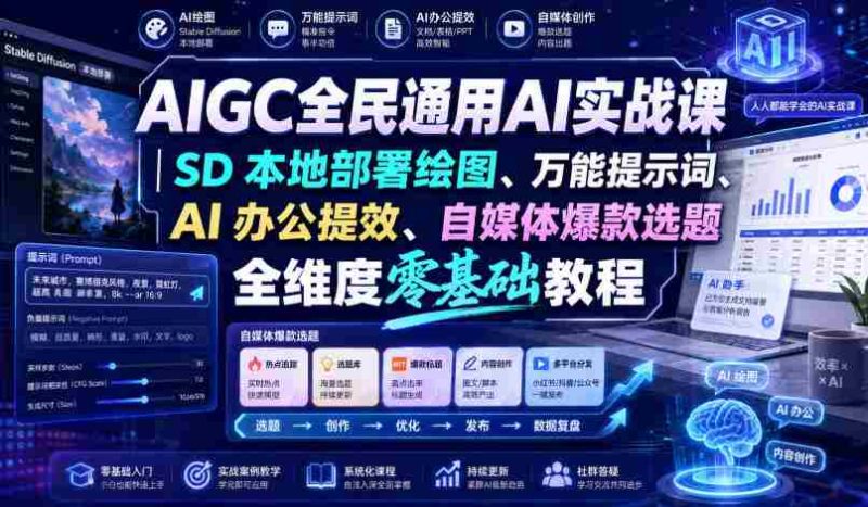 AIGC全民通用AI实战课|SD本地部署绘图、万能提示词、AI办公提效、自媒体爆款选题全维度零基础教程-湘创网