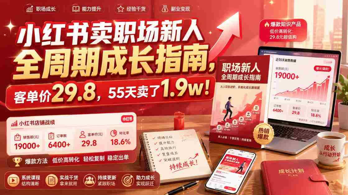 小红书卖职场新人全周期成长指南,客单价29.8,55天卖了1.9w!