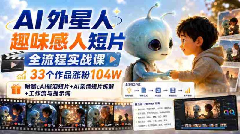AI外星人趣味感人短片全流程实战课,33个作品涨粉104W,附赠AI催泪短片+AI亲情短片拆解+工作流与提示词-湘创网