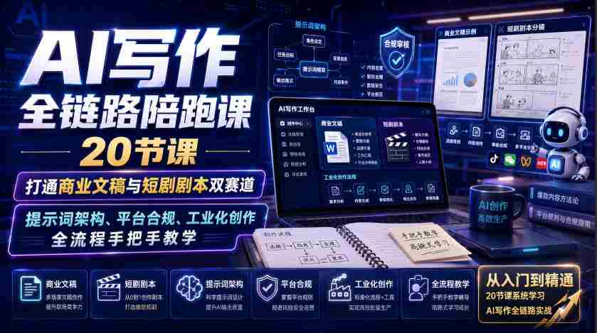 AI写作全链路陪跑课｜20节课打通商业文稿与短剧剧本双赛道，提示词架构、平台合规、工业化创作全流程手把手教学-湘创网