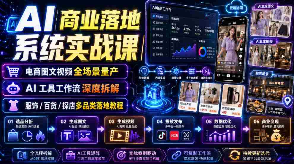 AI商业落地系统实战课｜电商图文视频全场景量产・AI工具工作流深度拆解・服饰/百货/探店多品类落地教程-湘创网