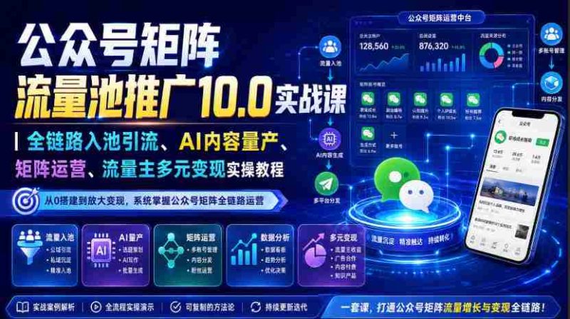 公众号矩阵流量池推广10.0实战课｜全链路入池引流、AI内容量产、矩阵运营、流量主多元变现实操教程-湘创网