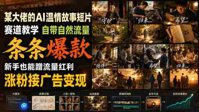 某大佬的AI温情故事短片赛道教学,自带自然流量,条条爆款,新手也能蹭流量红利,涨粉接广告变现