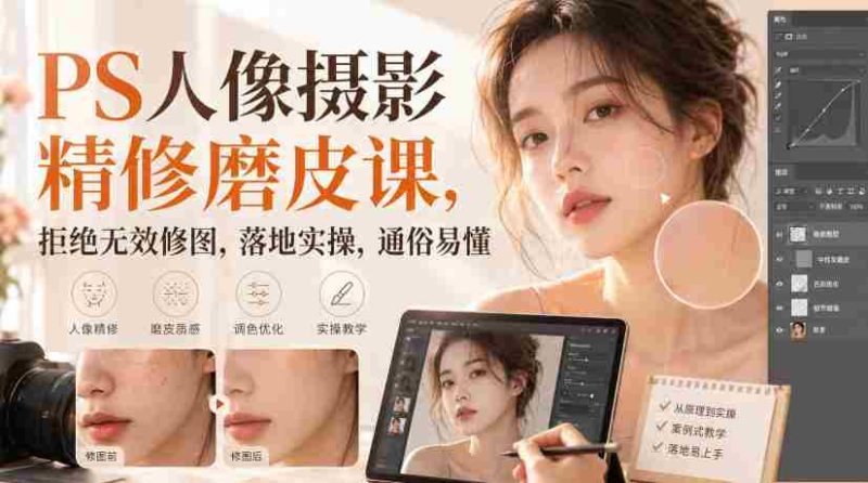 PS人像摄影精修磨皮课，拒绝无效修图，落地实操，通俗易懂-湘创网