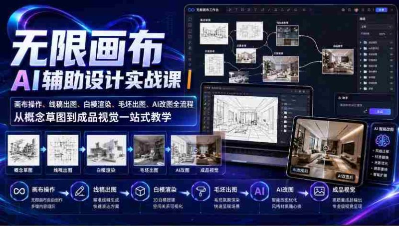 无限画布AI辅助设计实战课|画布操作、线稿出图、白模渲染、毛坯出图、AI改图全流程,从概念草图到成品视觉一站式教学-湘创网