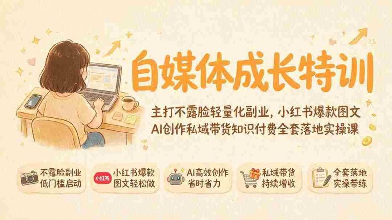 (19584期)自媒体成长特训|主打不露脸轻量化副业,小红书爆款图文AI创作私域带货知识付费全套落地实操课-湘创网