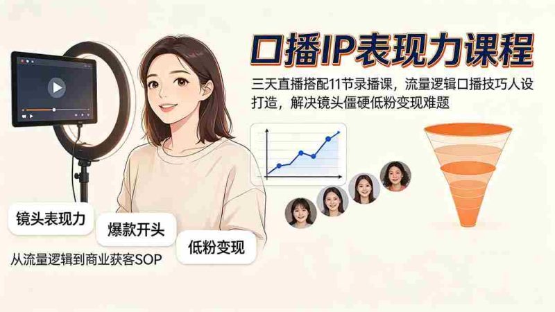 (19604期)口播IP表现力课程|三天直播搭配11节录播课,流量逻辑口播技巧人设打造,解决镜头僵硬低粉变现难题-湘创网