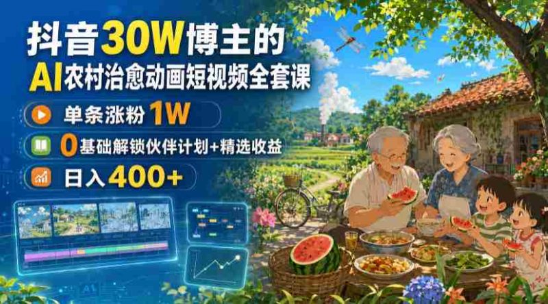 抖音30W博主的AI农村治愈动画短视频全套课|单条涨粉1W,0基础解锁伙伴计划+精选收益,日入400+-湘创网