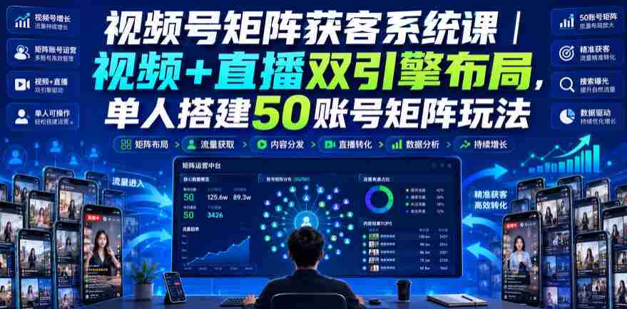 视频号矩阵获客系统课|视频+直播双引擎布局,单人搭建50账号矩阵玩法,流量入池、搜索占位、全域引流沉淀私域全流程教学