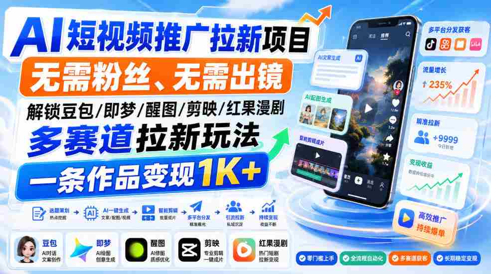 AI短视频推广拉新项目,无需粉丝、无需出镜,解锁豆包/即梦/醒图/剪映/红果漫剧多赛道拉新玩法,一条作品变现1K+