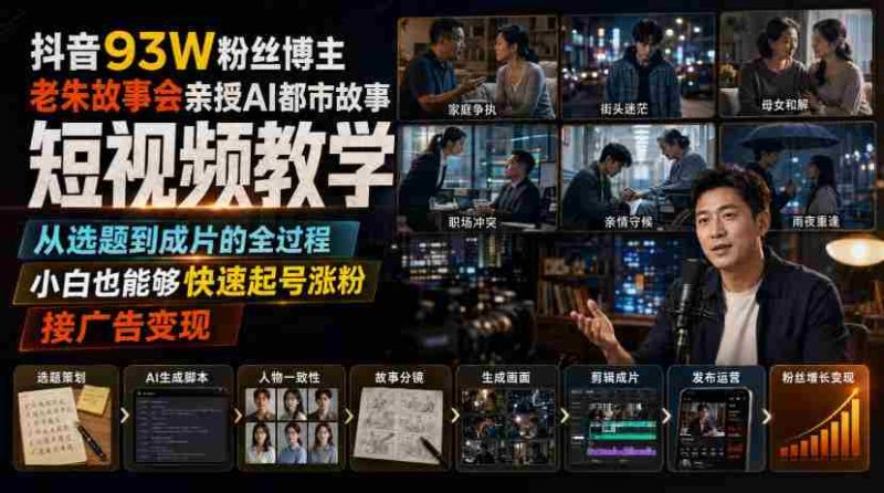 抖音93W粉丝博主老朱故事会亲授AI都市故事短视频教学，从选题到成片的全过程，小白也能够快速起号涨粉接广告变现-湘创网