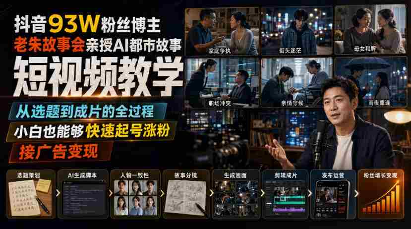 抖音93W粉丝博主老朱故事会亲授AI都市故事短视频教学，从选题到成片的全过程，小白也能够快速起号涨粉接广告变现-湘创网