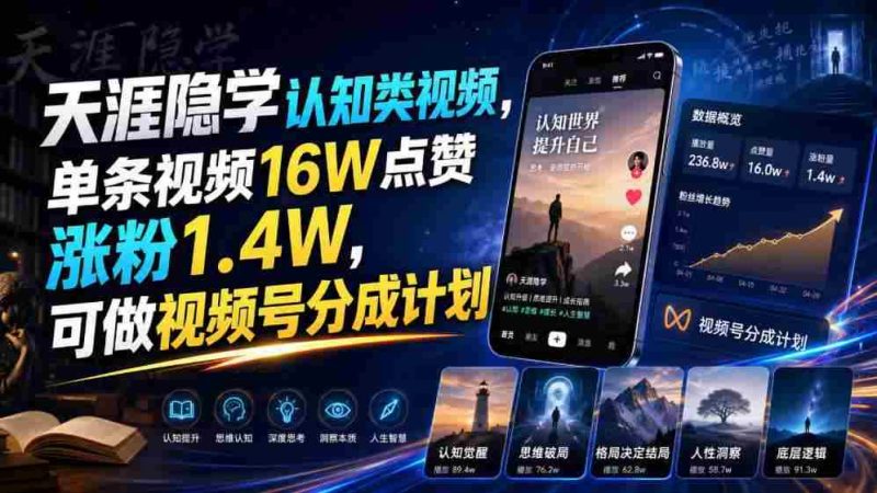 天涯隐学认知类视频，单条视频16W点赞涨粉1.4W，可做视频号分成计划-湘创网
