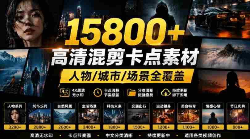 【影视剪辑素材合集】15800+高清混剪卡点|热门影视精彩片段|人物/城市/场景全覆盖,中文分类清晰