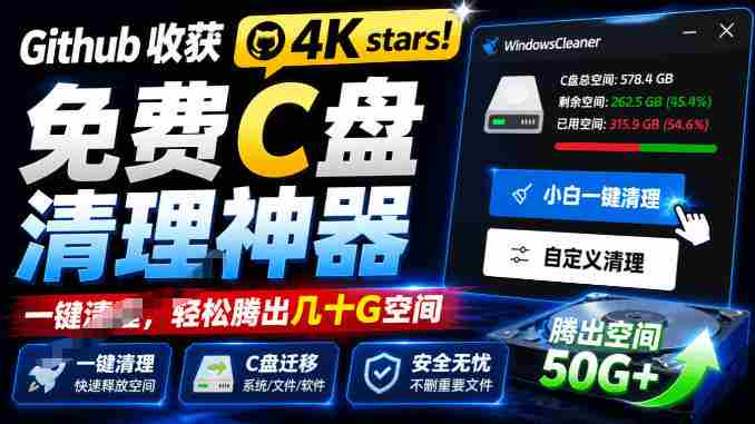Github收获4K stars!免费C盘清理神器,轻松腾出几十G空间,支持C盘迁移Windows Cleaner