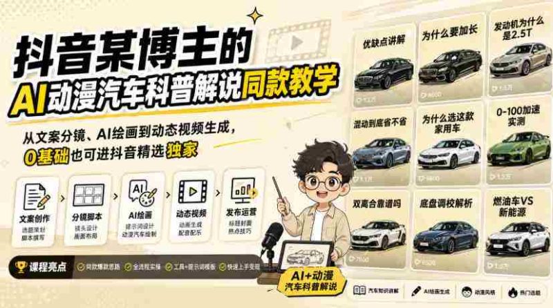抖音某博主的AI动漫汽车科普解说同款教学,从文案分镜、AI绘画到动态视频生成,0基础解锁抖音精选独家收益-湘创网