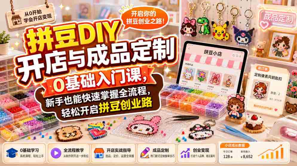 拼豆DIY开店与成品定制0基础入门课,新手也能快速掌握全流程,轻松开启拼豆创业路