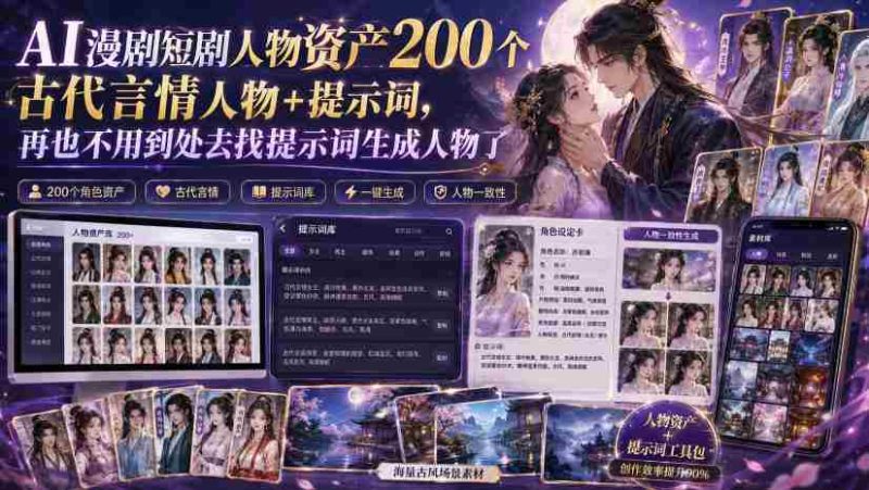 AI漫剧短剧人物资产200个古代言情人物+提示词,再也不用到处去找提示词生成人物了-湘创网