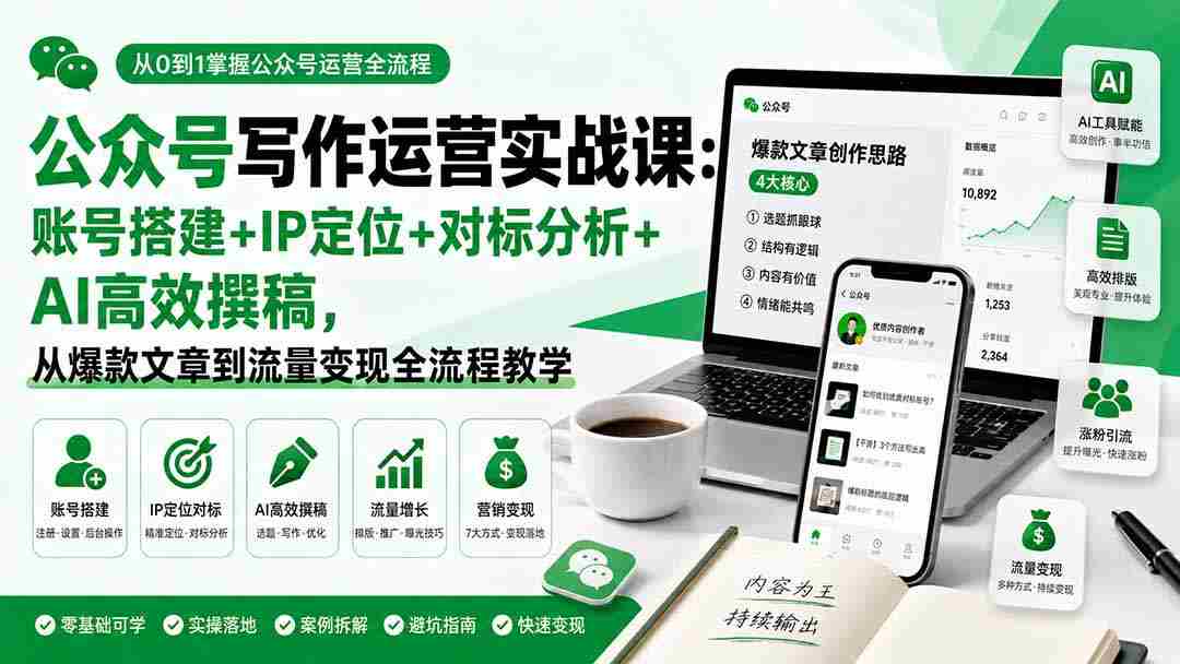 （19914期）公众号写作运营实战课：账号搭建+IP定位+对标分析+AI高效撰稿，从爆款文章到流量变现全流程教学-湘创网