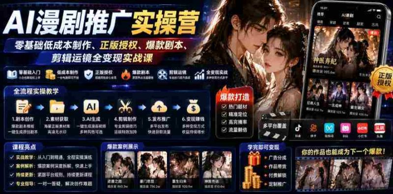 AI漫剧推广实操营｜零基础低成本制作、正版授权、爆款剧本、剪辑运镜全变现实战课-湘创网