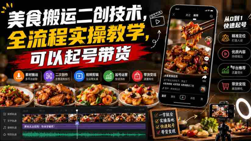 美食搬运二创技术,全流程实操教学,可以起号带货