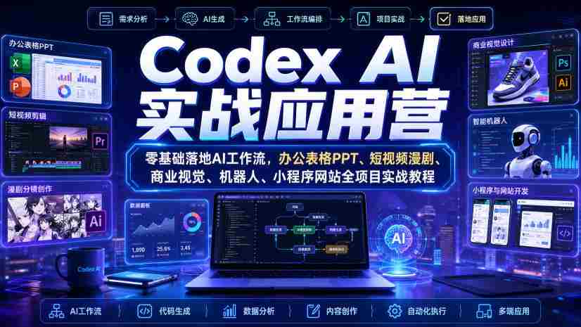 Codex AI实战应用营|零基础落地AI工作流,办公表格PPT、短视频漫剧、商业视觉、机器人、小程序网站全项目实战教程