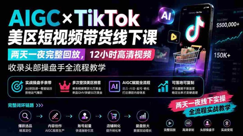 (19778期)AIGC×TikTok美区短视频带货线下课;两天一夜完整回放,12小时高清视频收录头部操盘手全流程教学-湘创网