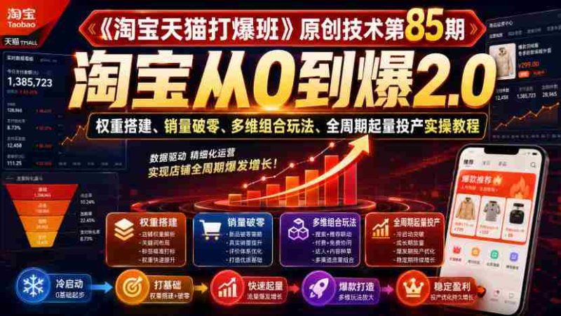 《淘宝天猫打爆班》原创技术第85期,淘宝从0到爆2.0,权重搭建、销量破零、多维组合玩法、全周期起量投产实操教程-湘创网