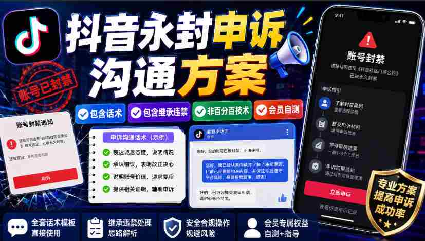 抖音永封申诉沟通方案，包含话术，包含继承违禁，非百分百技术，会员自测-湘创网