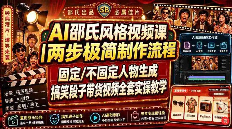 (19602期)AI邵氏风格视频课|两步极简制作流程,固定/不固定人物生成,搞笑段子带货视频全套实操教学-湘创网
