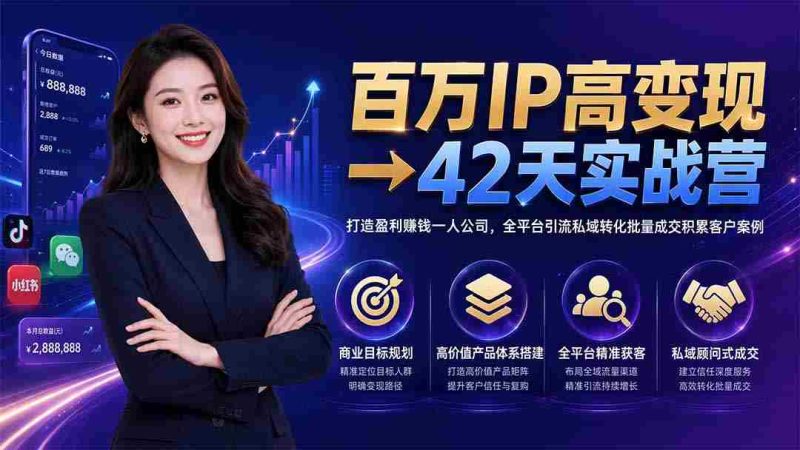 (19589期)百万IP高变现→42天实战营|打造盈利赚钱一人公司,全平台引流私域转化批量成交积累客户案例-湘创网