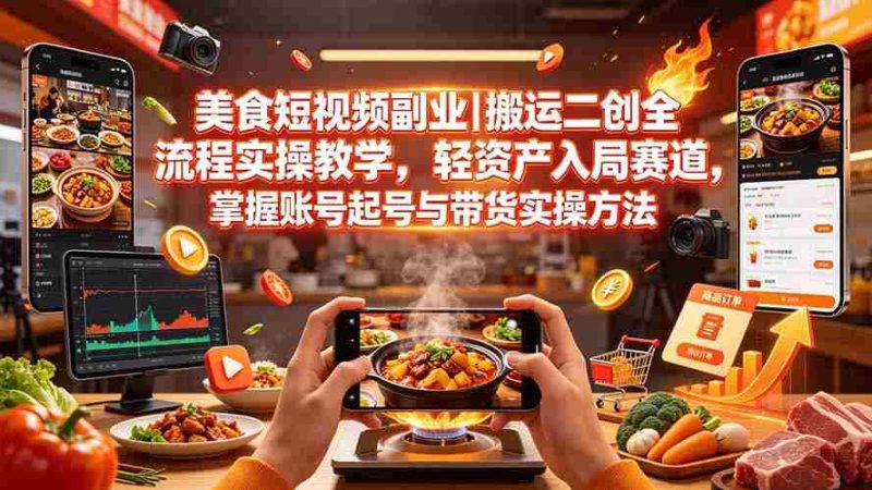（19535期）美食短视频副业｜搬运二创全流程实操教学，轻资产入局赛道，掌握账号起号与带货实操方法-湘创网