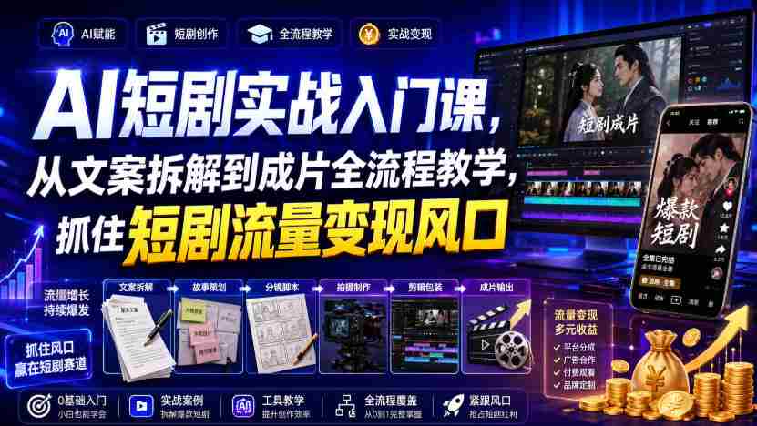 AI短剧实战入门课,从文案拆解到成片全流程教学,抓住短剧流量变现风口