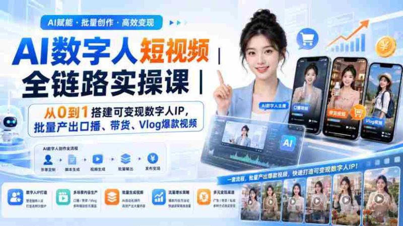 AI数字人短视频全链路实操课|从0到1搭建可变现数字人IP,批量产出口播、带货、Vlog爆款视频-湘创网