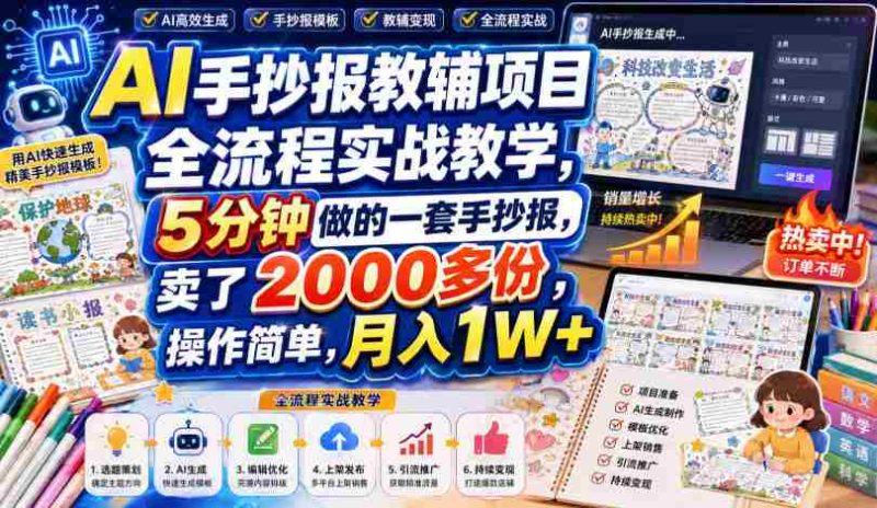 AI手抄报教辅项目全流程实战教学,5分钟做的一套手抄报,卖了2000多份,操作简单,月入1W+-湘创网