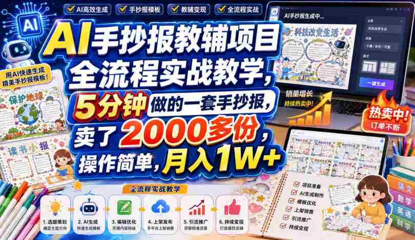 AI手抄报教辅项目全流程实战教学,5分钟做的一套手抄报,卖了2000多份,操作简单,月入1W+