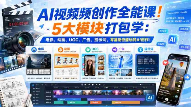 AI视频频创作全能课!5大模块打包学:电影、动画、UGC、广告、提示词,零基础也能玩转AI创作!【原创双语字幕】-湘创网