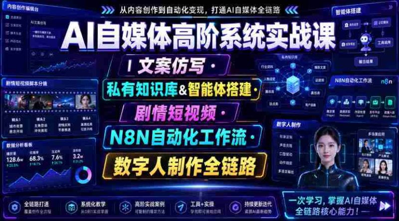 AI自媒体高阶系统实战课|文案仿写・私有知识库&智能体搭建・剧情短视频・N8N自动化工作流・数字人制作全链路-湘创网
