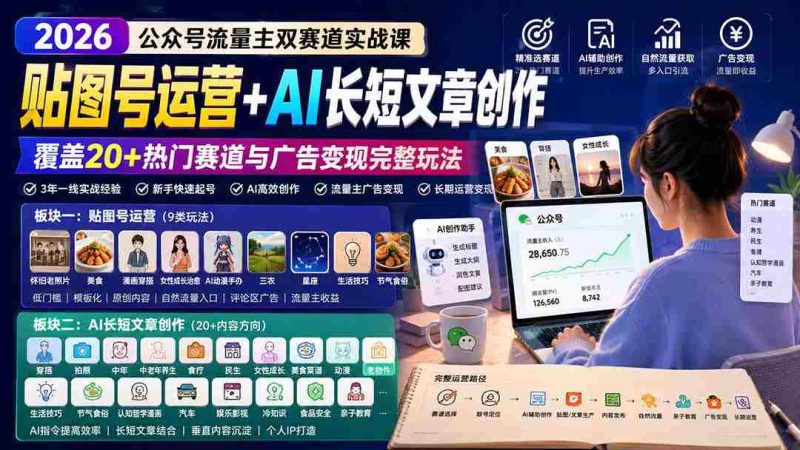 (20153期)公众号流量主双赛道实战课:贴图号运营+AI长短文章创作,覆盖20+热门赛道与广告变现完整玩法-湘创网