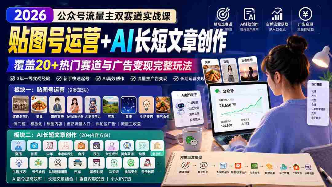 （20153期）公众号流量主双赛道实战课：贴图号运营+AI长短文章创作，覆盖20+热门赛道与广告变现完整玩法-湘创网