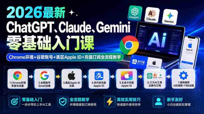 (19923期)2026最新ChatGPT、Claude、Gemini零基础入门课:Chrome环境+谷歌账号+美区Apple ID+充值订阅全流程教学-湘创网